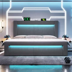 Okwish Lit Coffre 180x200 cm - Lit Double Capitonné avec LED Contrôlée par Application, Ports USB/Type-C - Sans Matelas - Gris Best