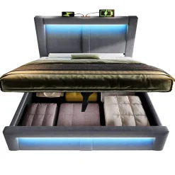 Okwish Lit Coffre 180x200 cm - Lit Double Capitonné avec LED Contrôlée par Application, Ports USB/Type-C - Sans Matelas - Gris Best