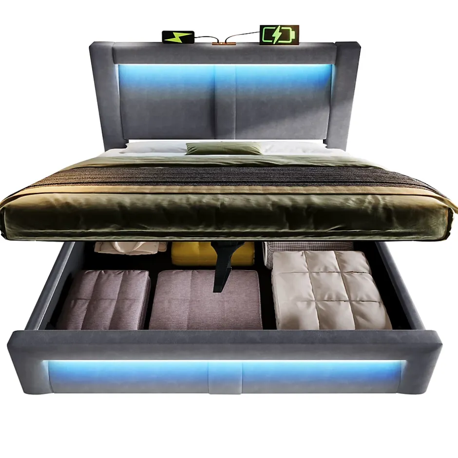 Okwish Lit Coffre 180x200 cm - Lit Double Capitonné avec LED Contrôlée par Application, Ports USB/Type-C - Sans Matelas - Gris Best