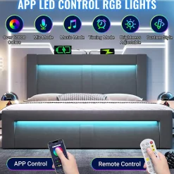 Okwish Lit Coffre 180x200 cm - Lit Double Capitonné avec LED Contrôlée par Application, Ports USB/Type-C - Sans Matelas - Gris Best