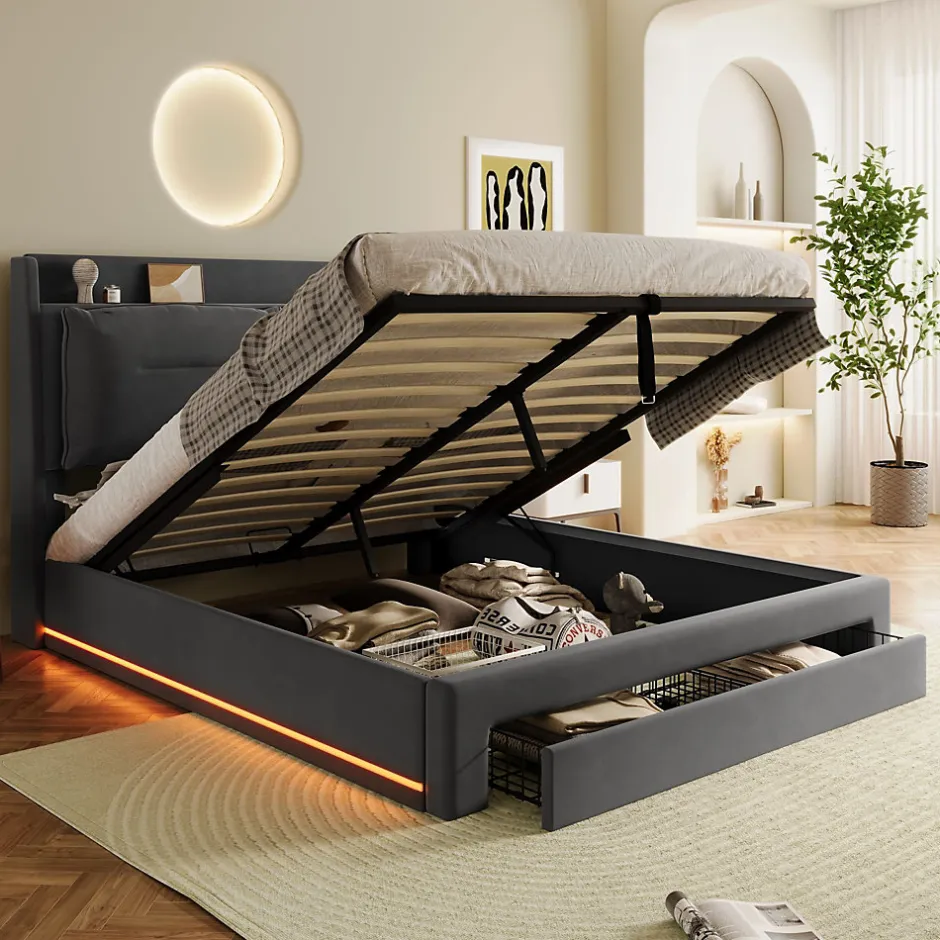 Okwish Lit coffre 140x190 cm - Lit Double Capitonné avec Tiroirs et Éclairage LED - Velours - Sans Matelas - Gris