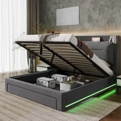Okwish Lit coffre 140x190 cm - Lit Double Capitonné avec Tiroirs et Éclairage LED - Velours - Sans Matelas - Gris