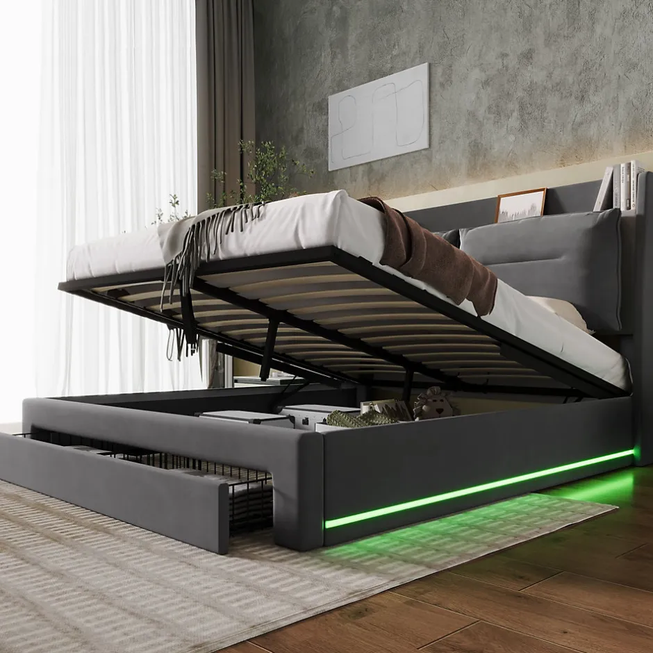Okwish Lit coffre 140x190 cm - Lit Double Capitonné avec Tiroirs et Éclairage LED - Velours - Sans Matelas - Gris