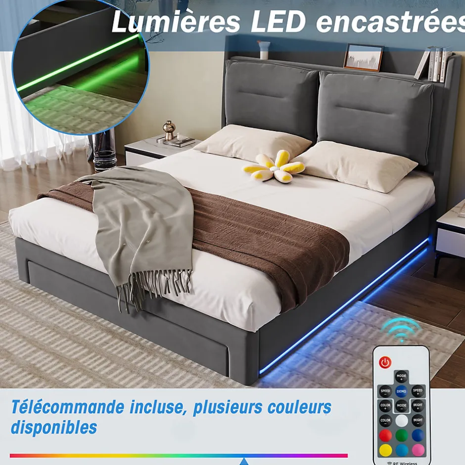 Okwish Lit coffre 140x190 cm - Lit Double Capitonné avec Tiroirs et Éclairage LED - Velours - Sans Matelas - Gris