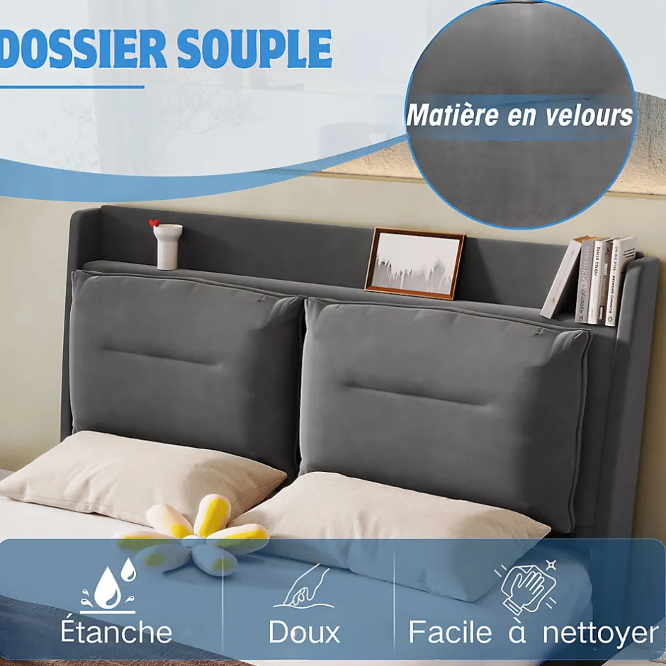 Okwish Lit coffre 140x190 cm - Lit Double Capitonné avec Tiroirs et Éclairage LED - Velours - Sans Matelas - Gris