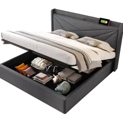 Okwish Lit Coffre 140x200 Cm - Lit Double avec Sommier à Lattes et USB Type C - Coton Bois Métal - Sans Matelas - Gris Sale