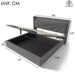 Okwish Lit Coffre 140x200 Cm - Lit Double avec Sommier à Lattes et USB Type C - Coton Bois Métal - Sans Matelas - Gris Sale