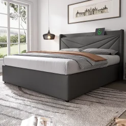 Okwish Lit Coffre 140x200 Cm - Lit Double avec Sommier à Lattes et USB Type C - Coton Bois Métal - Sans Matelas - Gris Sale