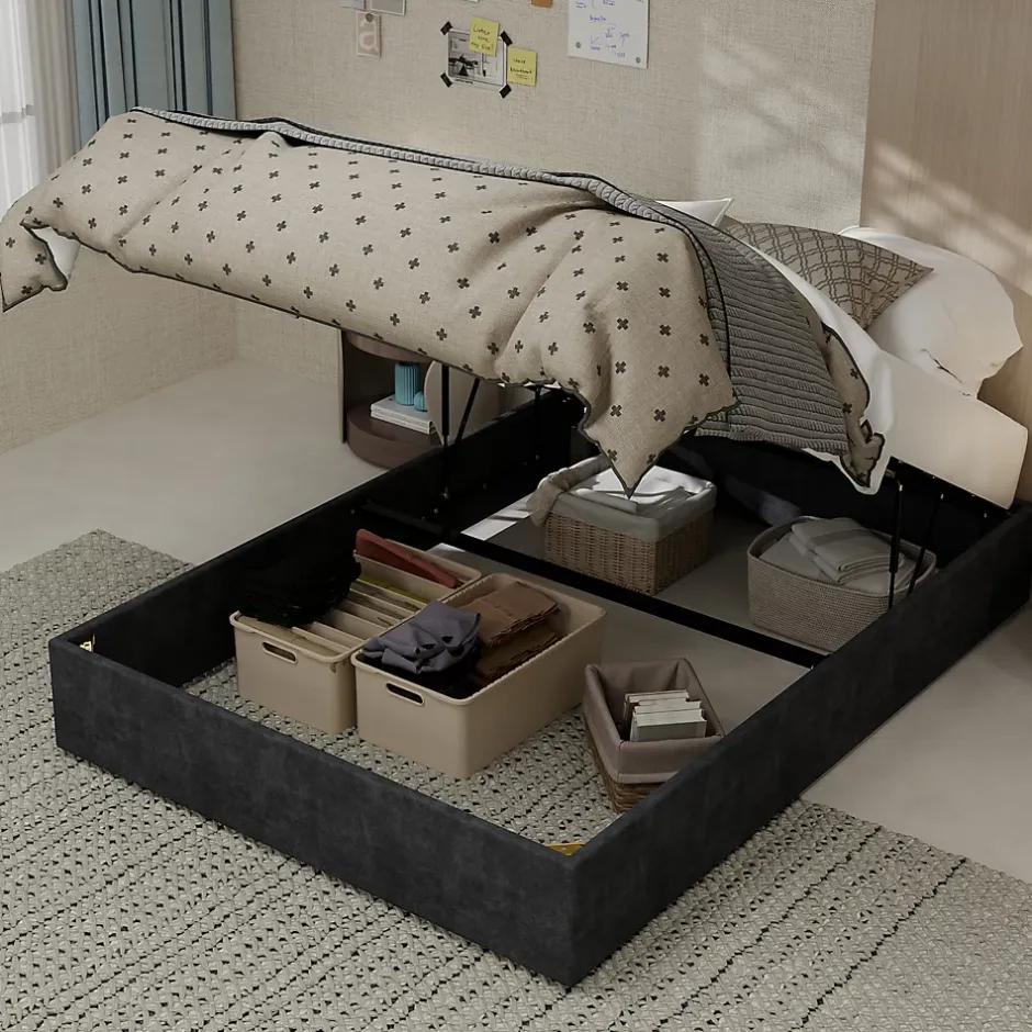 Okwish Lit Coffre 140x200 cm - Lit Double pour Adulte/Ado avec Système Hydraulique, Sans Matelas, en Velours Hollandais Gris Hot
