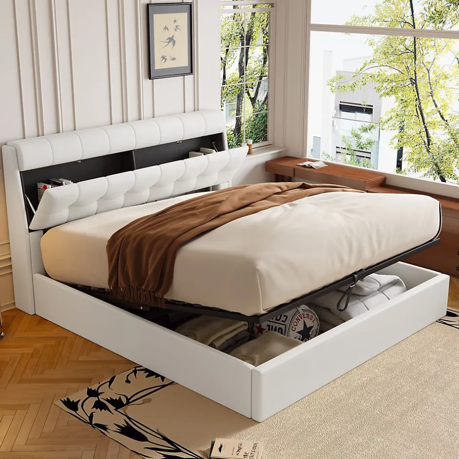 Okwish Lit Coffre 140x200 cm - Lit Double Capitonné avec Tête de Lit et Rangement Caché - PU - Sans Matelas - Blanc Sale