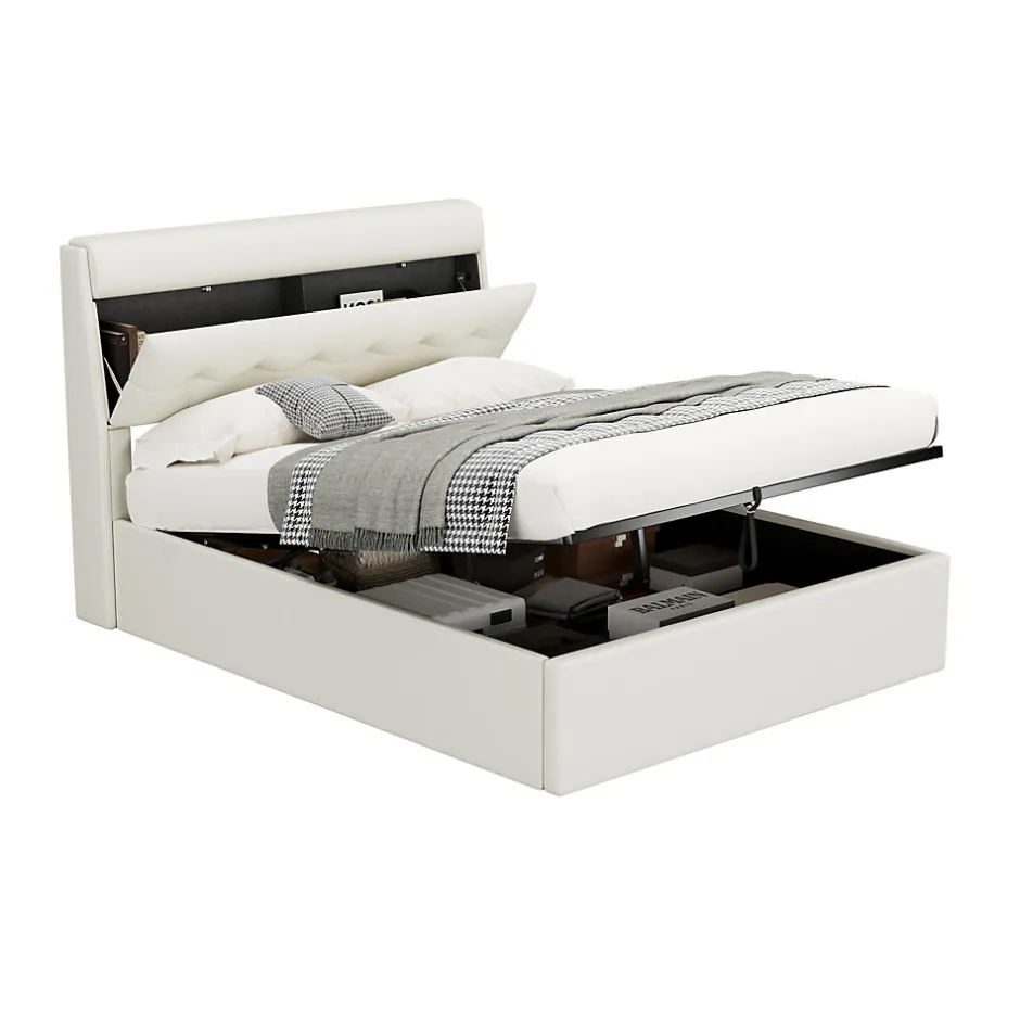 Okwish Lit Coffre 140x200 cm - Lit Double Capitonné avec Tête de Lit et Rangement Caché - PU - Sans Matelas - Blanc Sale
