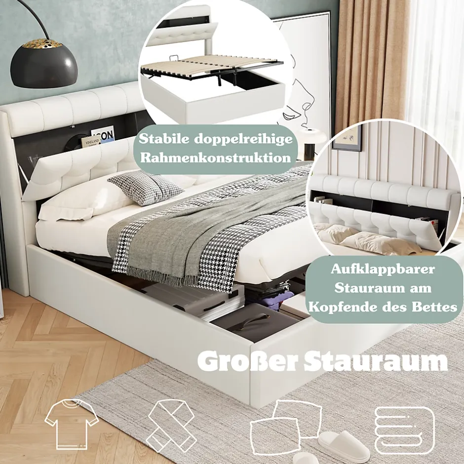 Okwish Lit Coffre 140x200 cm - Lit Double Capitonné avec Tête de Lit et Rangement Caché - PU - Sans Matelas - Blanc Sale