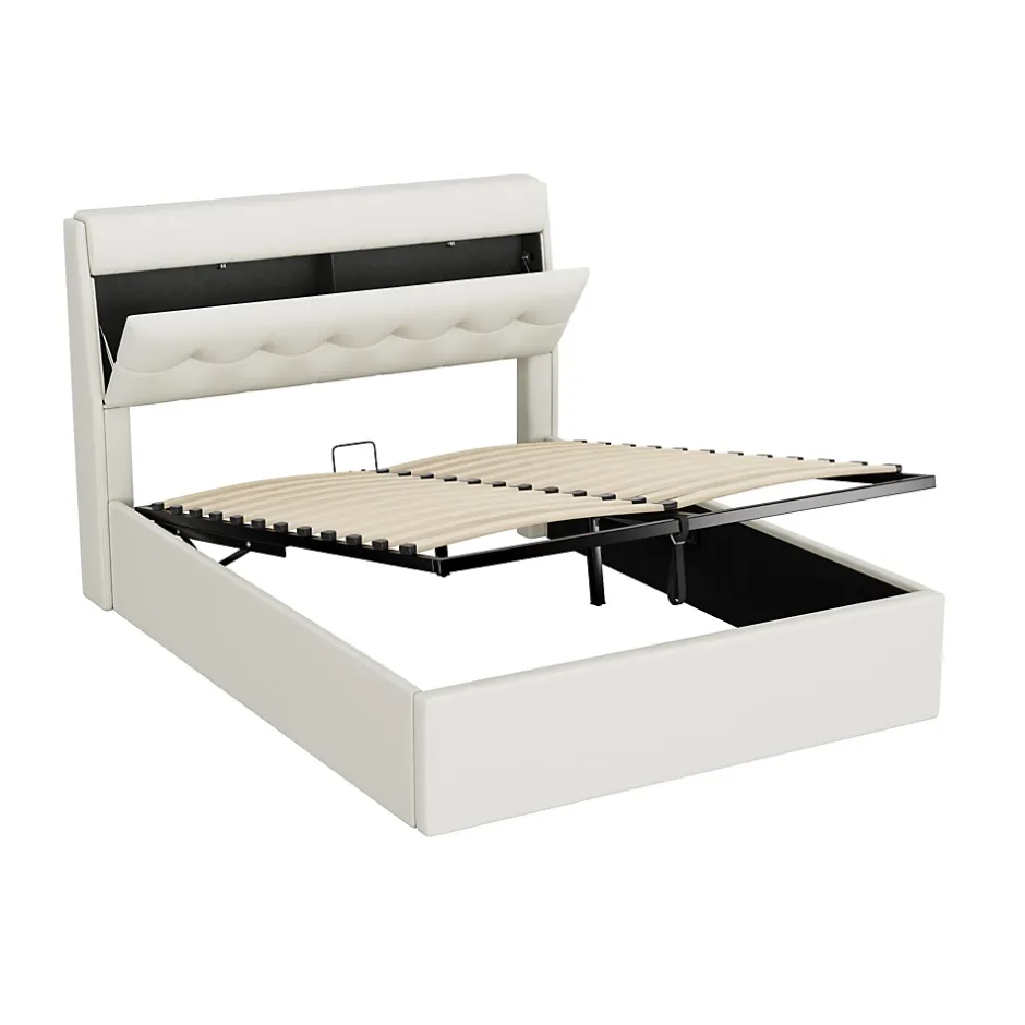 Okwish Lit Coffre 140x200 cm - Lit Double Capitonné avec Tête de Lit et Rangement Caché - PU - Sans Matelas - Blanc Sale