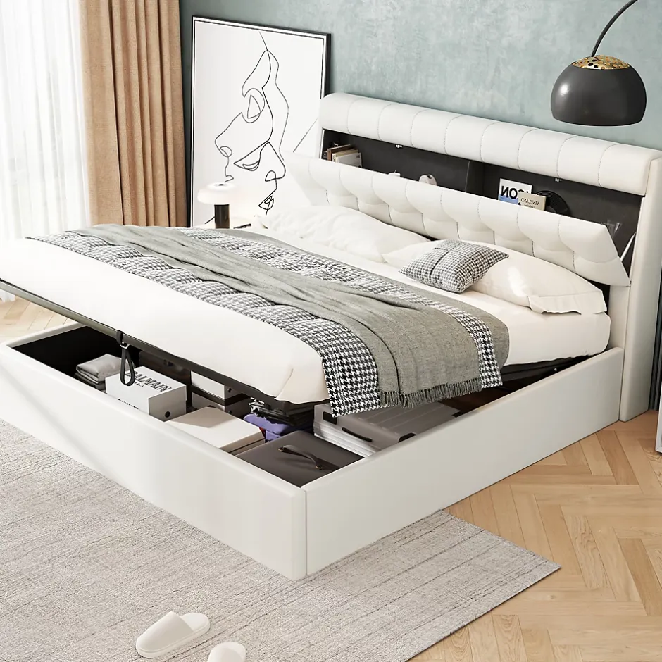 Okwish Lit Coffre 140x200 cm - Lit Double Capitonné avec Tête de Lit et Rangement Caché - PU - Sans Matelas - Blanc Sale