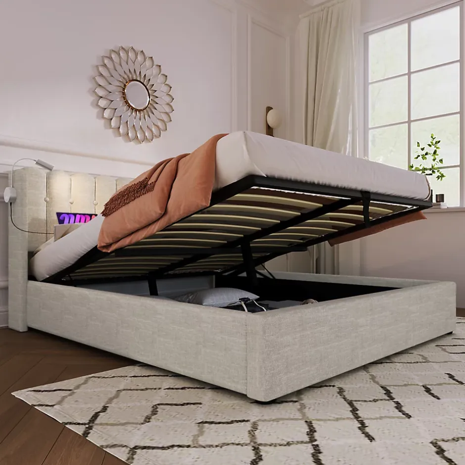 Okwish Lit Coffre 160x200 Cm - Lit Double avec Lampe de Lecture et Ports USB - Lin - Sans Matelas - Beige