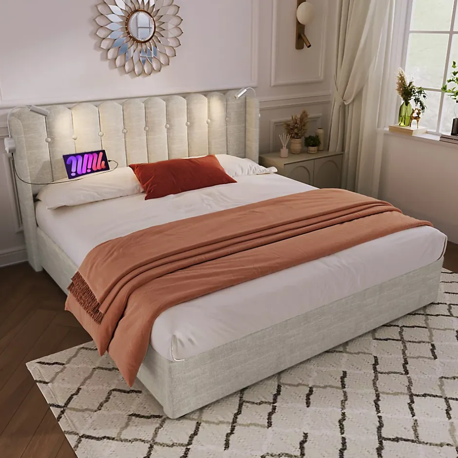 Okwish Lit Coffre 160x200 Cm - Lit Double avec Lampe de Lecture et Ports USB - Lin - Sans Matelas - Beige