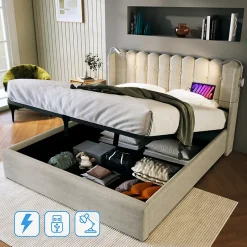 Okwish Lit Coffre 160x200 Cm - Lit Double avec Lampe de Lecture et Ports USB - Lin - Sans Matelas - Beige