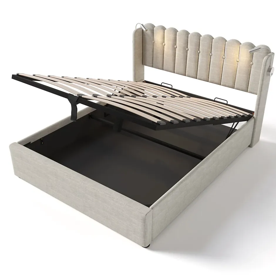 Okwish Lit Coffre 160x200 Cm - Lit Double avec Lampe de Lecture et Ports USB - Lin - Sans Matelas - Beige