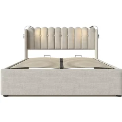 Okwish Lit Coffre 160x200 Cm - Lit Double avec Lampe de Lecture et Ports USB - Lin - Sans Matelas - Beige