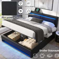 Generique Lit Coffre 140x200 cm - Lit Double Capitonné avec Port USB et Éclairage LED - Similicuir - Noir - Sans Matelas Sale