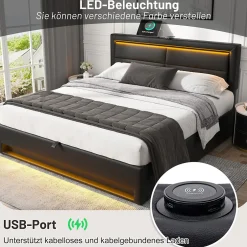 Generique Lit Coffre 140x200 cm - Lit Double Capitonné avec Port USB et Éclairage LED - Similicuir - Noir - Sans Matelas Sale