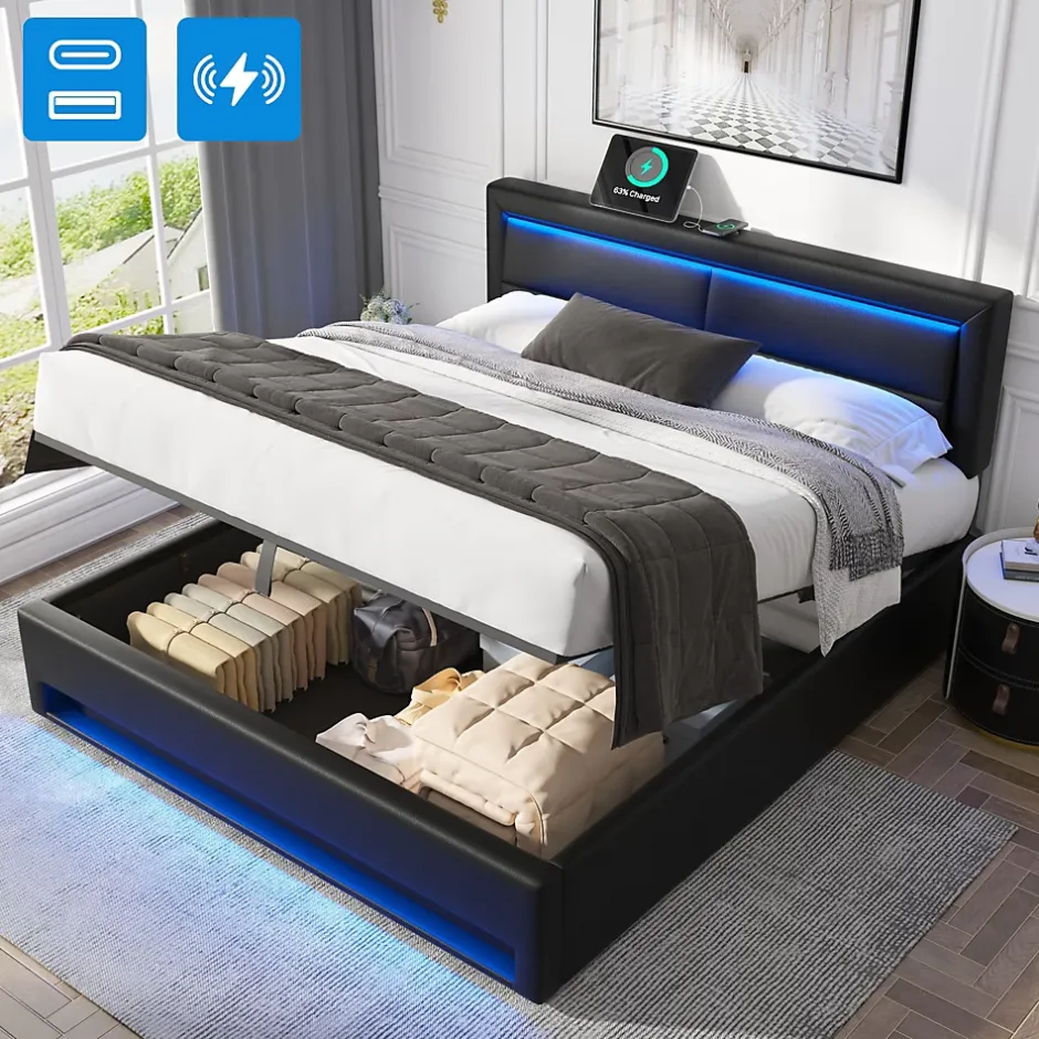 Generique Lit Coffre 140x200 cm - Lit Double Capitonné avec Port USB et Éclairage LED - Similicuir - Noir - Sans Matelas Sale