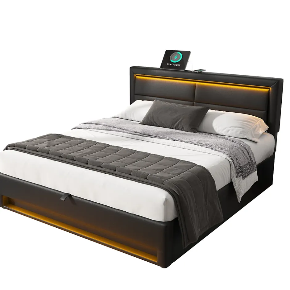 Generique Lit Coffre 140x200 cm - Lit Double Capitonné avec Port USB et Éclairage LED - Similicuir - Noir - Sans Matelas Sale