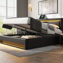 Generique Lit Coffre 140x200 cm - Lit Double Capitonné avec Port USB et Éclairage LED - Similicuir - Noir - Sans Matelas Sale