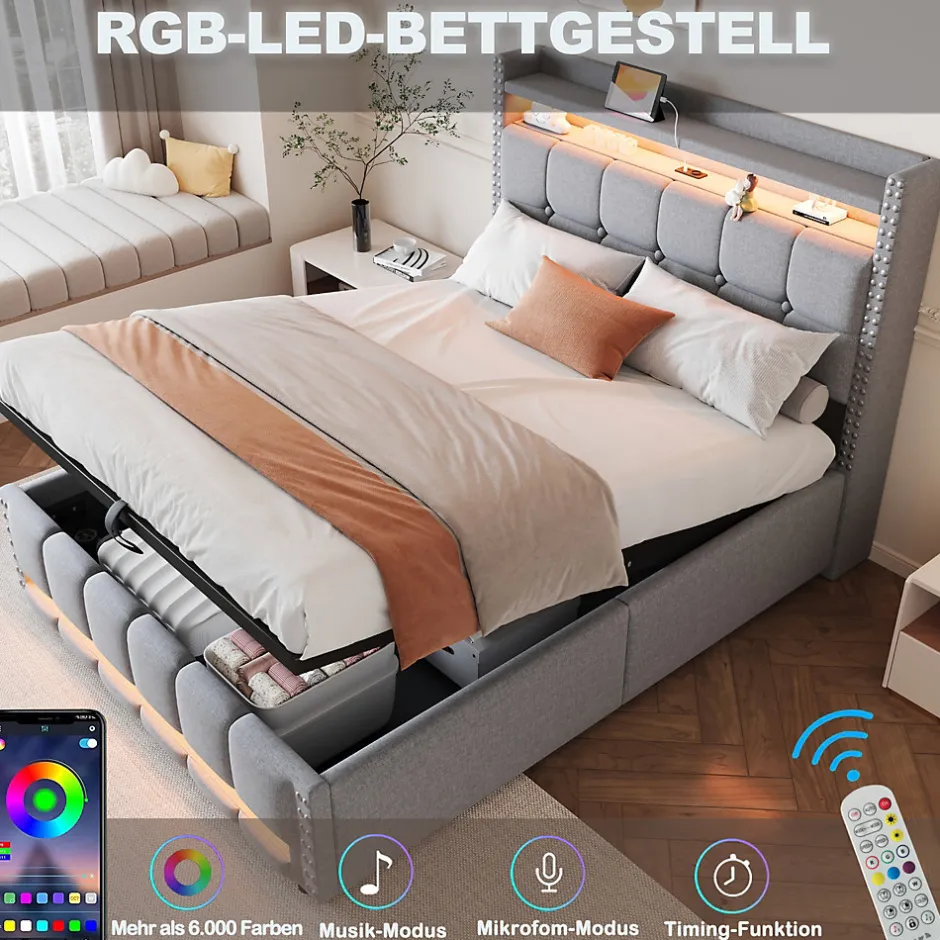Okwish Lit coffre 140x200 cm - Lit double en lin gris clair avec LED intégrée, ports USB et rangement hydraulique - Sans matelas