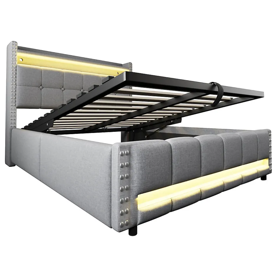 Okwish Lit coffre 140x200 cm - Lit double en lin gris clair avec LED intégrée, ports USB et rangement hydraulique - Sans matelas