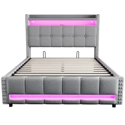 Okwish Lit coffre 140x200 cm - Lit double en lin gris clair avec LED intégrée, ports USB et rangement hydraulique - Sans matelas