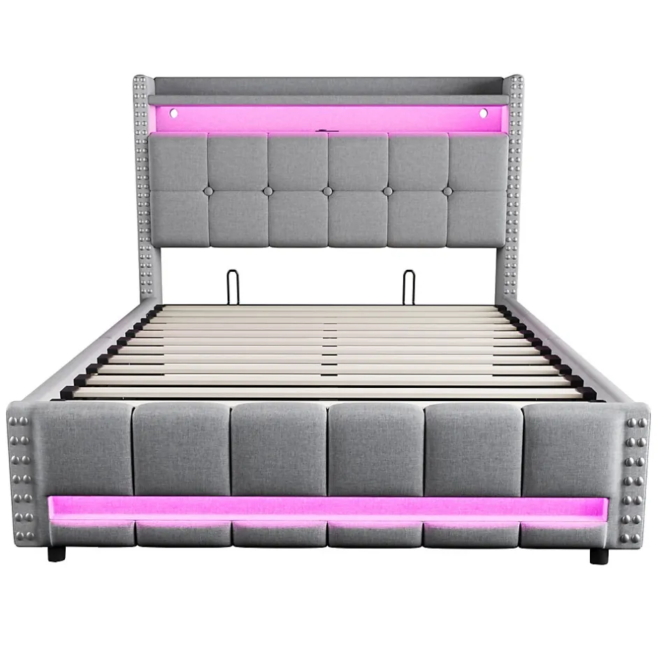 Okwish Lit coffre 140x200 cm - Lit double en lin gris clair avec LED intégrée, ports USB et rangement hydraulique - Sans matelas