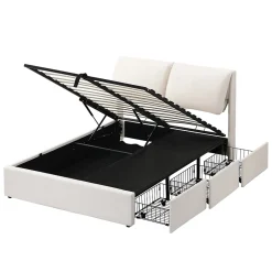 Okwish Lit coffre 140x200 cm - lit double capitonné élégant en velours avec 3 tiroirs et rangement hydraulique - blanc - sans matelas Online