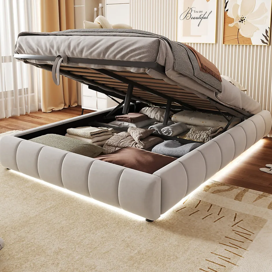 Okwish Lit Coffre 140x200 cm - Lit Double avec Rangement Intégré et Éclairage LED - Sans Matelas, Velours Beige