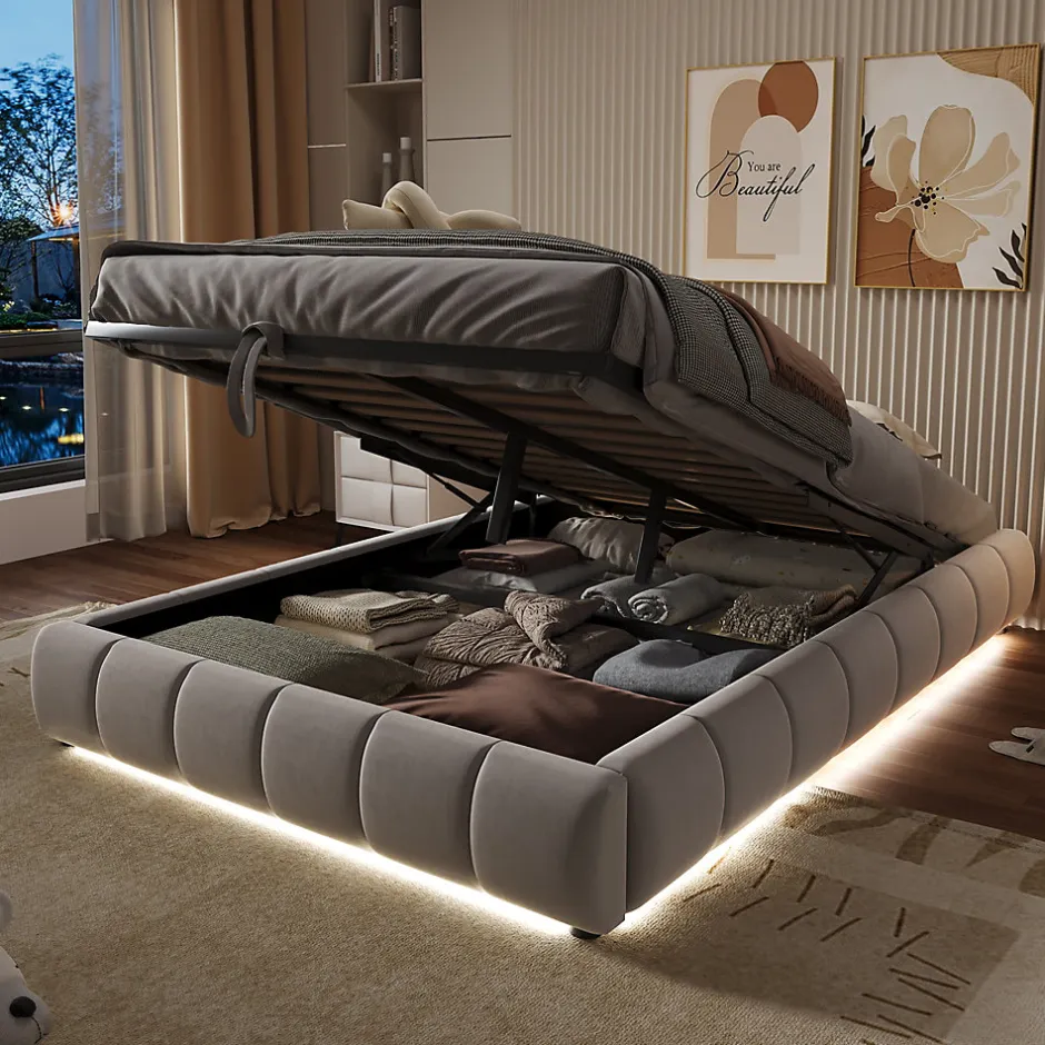Okwish Lit Coffre 140x200 cm - Lit Double avec Rangement Intégré et Éclairage LED - Sans Matelas, Velours Beige
