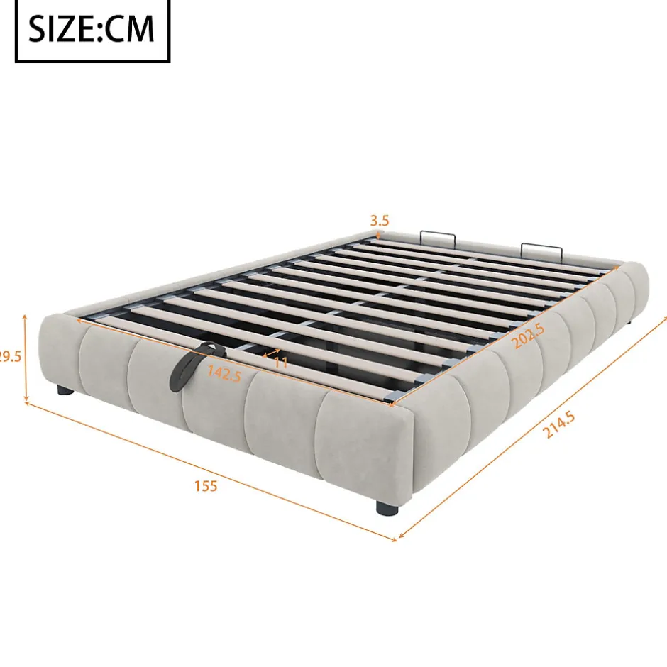 Okwish Lit Coffre 140x200 cm - Lit Double avec Rangement Intégré et Éclairage LED - Sans Matelas, Velours Beige