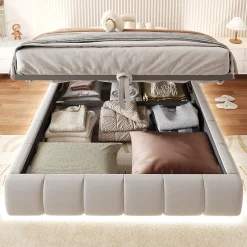 Okwish Lit Coffre 140x200 cm - Lit Double avec Rangement Intégré et Éclairage LED - Sans Matelas, Velours Beige