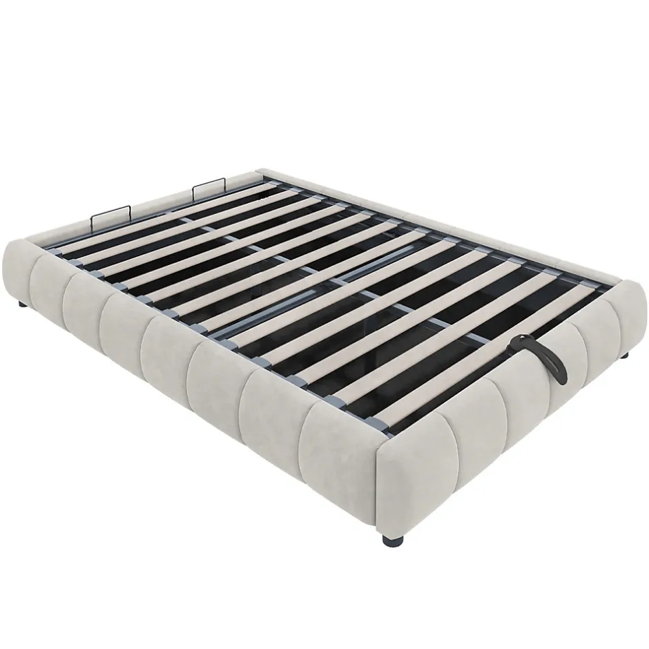 Okwish Lit Coffre 140x200 cm - Lit Double avec Rangement Intégré et Éclairage LED - Sans Matelas, Velours Beige