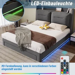 Generique Lit coffre 180x200 cm - Lit Double Capitonné avec Tiroirs et Éclairage LED - Velours - Sans Matelas - Gris Sale