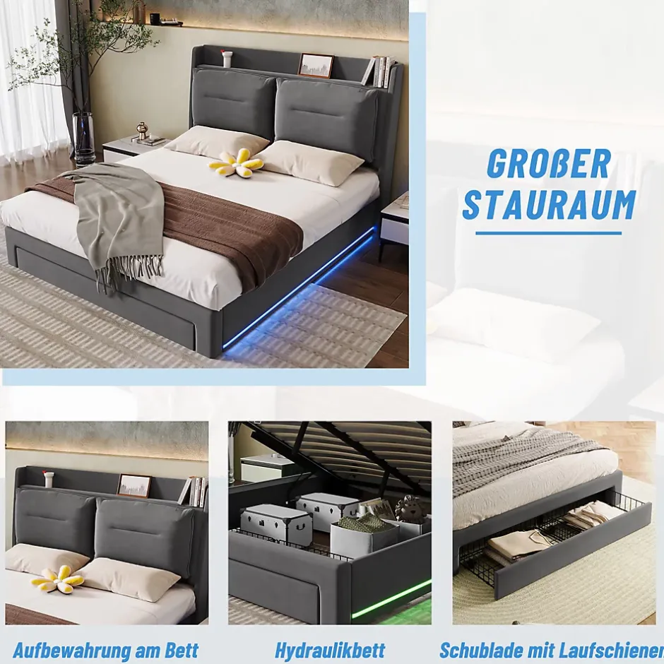 Generique Lit coffre 180x200 cm - Lit Double Capitonné avec Tiroirs et Éclairage LED - Velours - Sans Matelas - Gris Sale