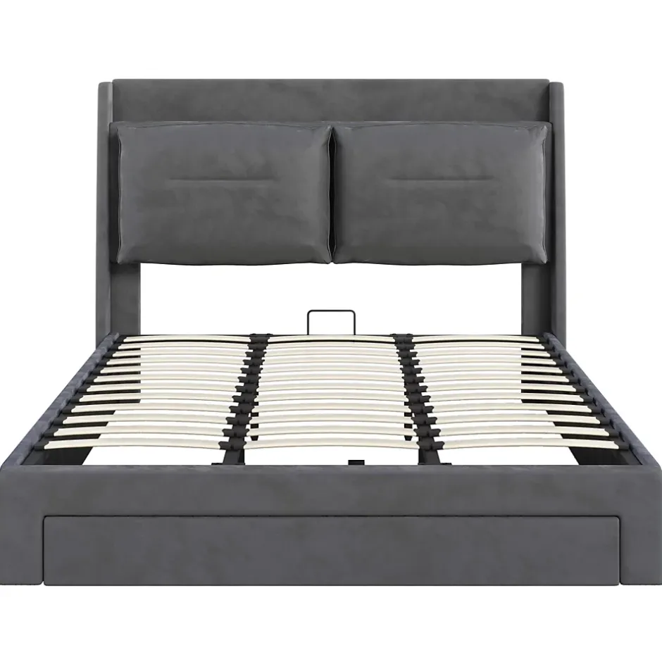 Generique Lit coffre 180x200 cm - Lit Double Capitonné avec Tiroirs et Éclairage LED - Velours - Sans Matelas - Gris Sale