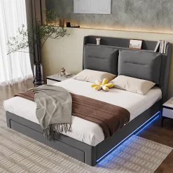 Generique Lit coffre 180x200 cm - Lit Double Capitonné avec Tiroirs et Éclairage LED - Velours - Sans Matelas - Gris Sale