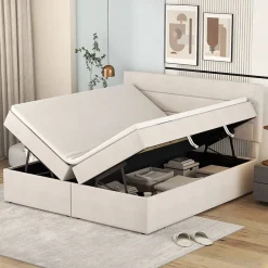 Simple Life Lit coffre 140x200 cm - Lit double avec sommier à lattes et tête de lit - ouverture2 côtés en Lin - Beige