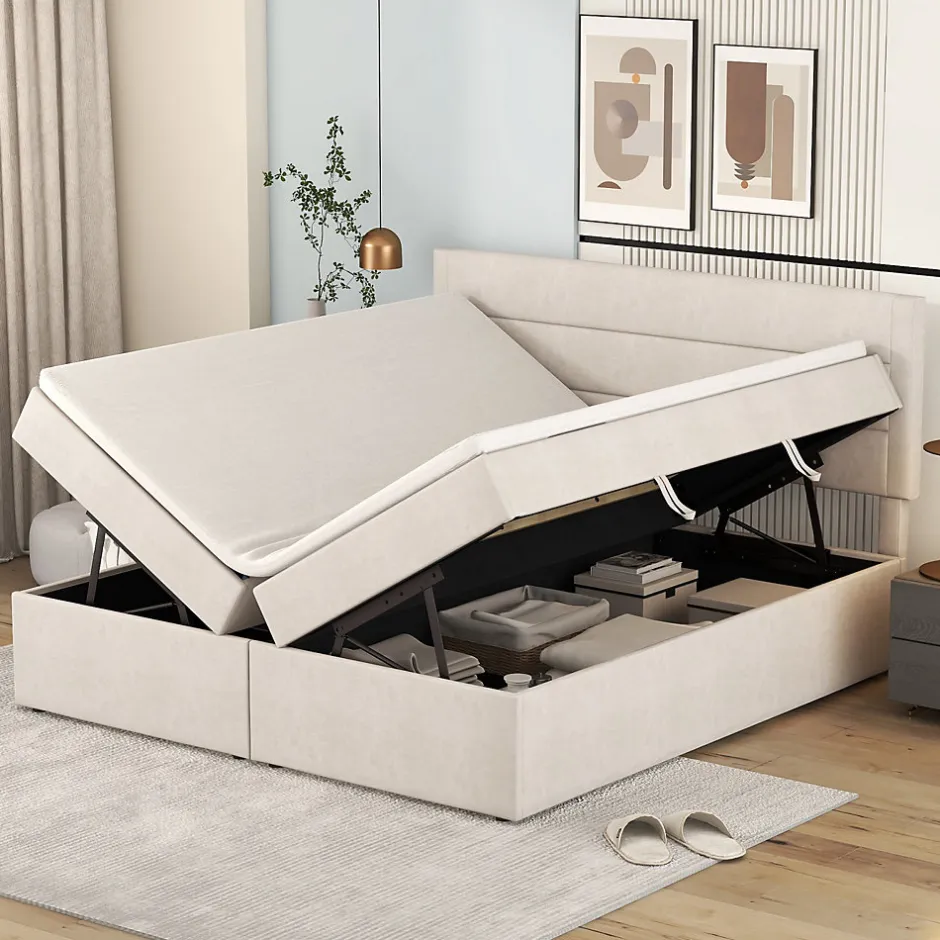 Simple Life Lit coffre 140x200 cm - Lit double avec sommier à lattes et tête de lit - ouverture2 côtés en Lin - Beige