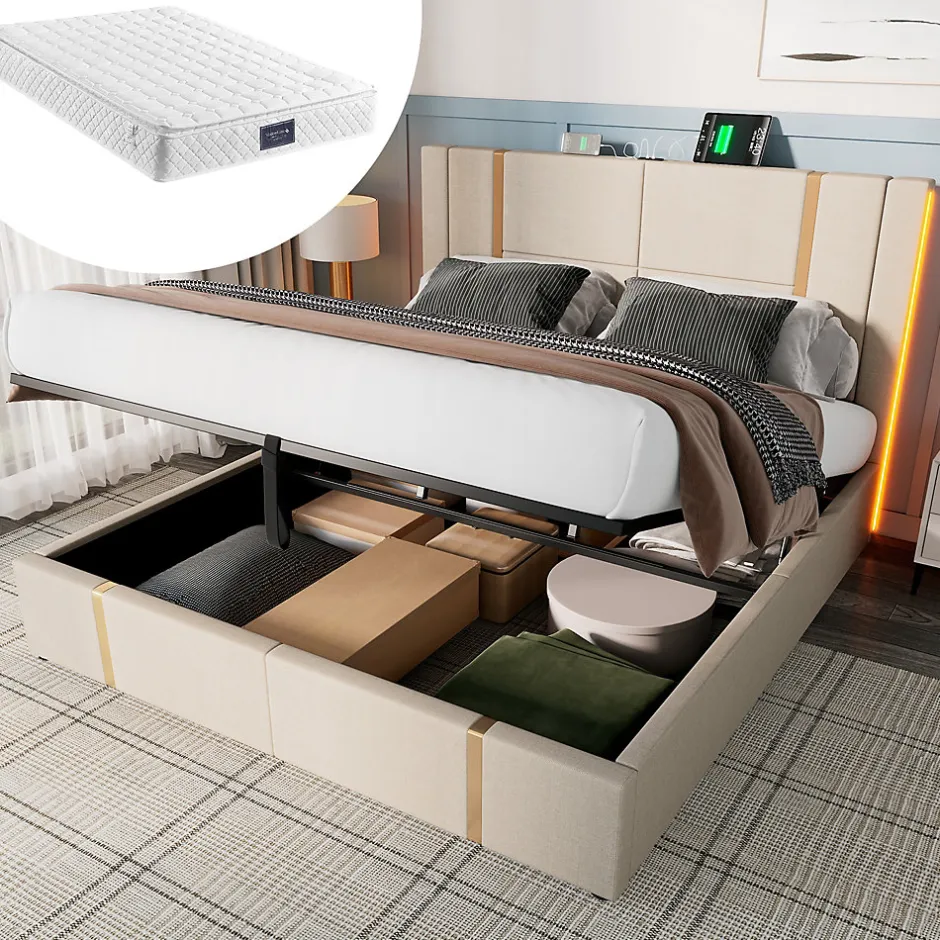 Okwish Lit coffre 140x200 cm - Lit double capitonné avec LED et chargement USB Type C - Textile en lin - Matelas Inclus - Beige Online