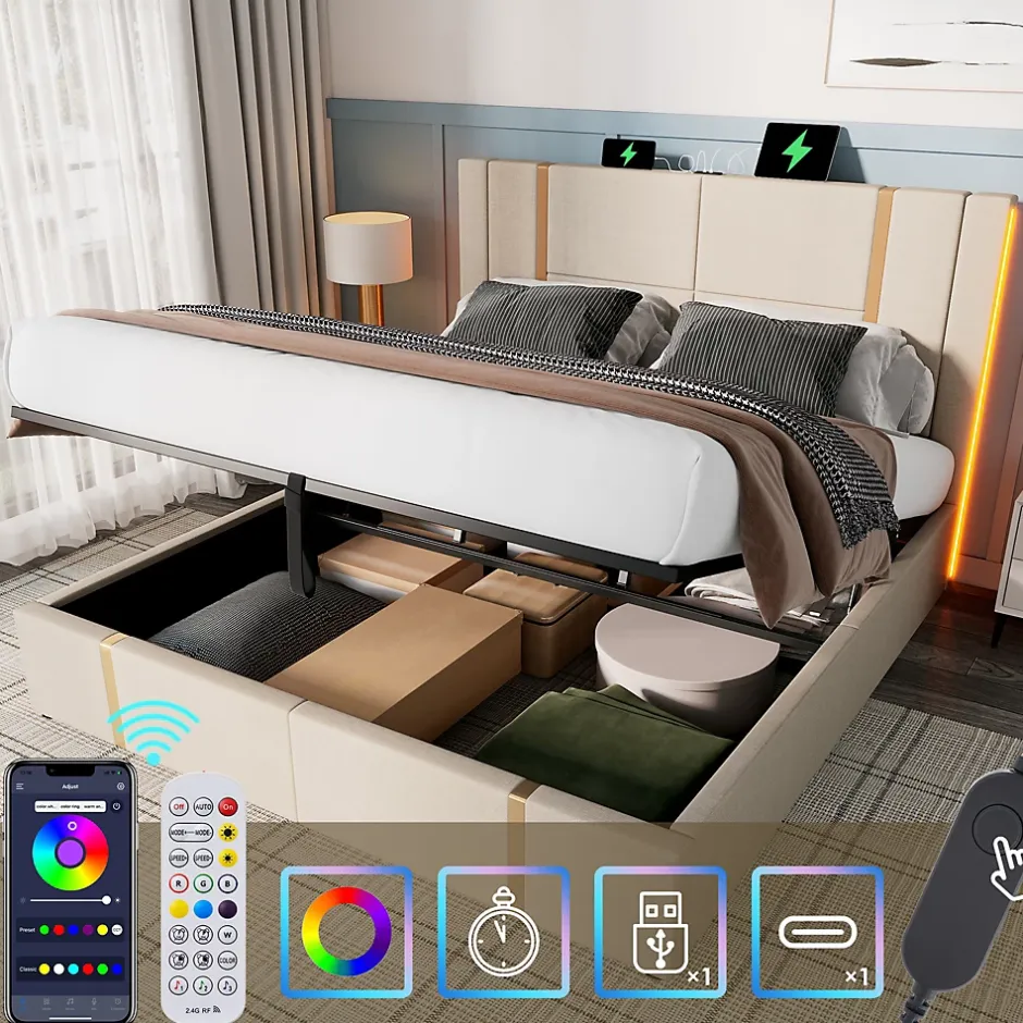 Okwish Lit coffre 140x200 cm - Lit double capitonné avec LED et chargement USB Type C - Textile en lin - Matelas Inclus - Beige Online