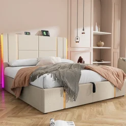 Okwish Lit coffre 140x200 cm - Lit double capitonné avec LED et chargement USB Type C - Textile en lin - Matelas Inclus - Beige Online