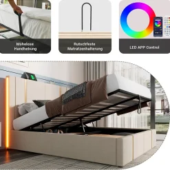 Okwish Lit coffre 140x200 cm - Lit double capitonné avec LED et chargement USB Type C - Textile en lin - Matelas Inclus - Beige Online