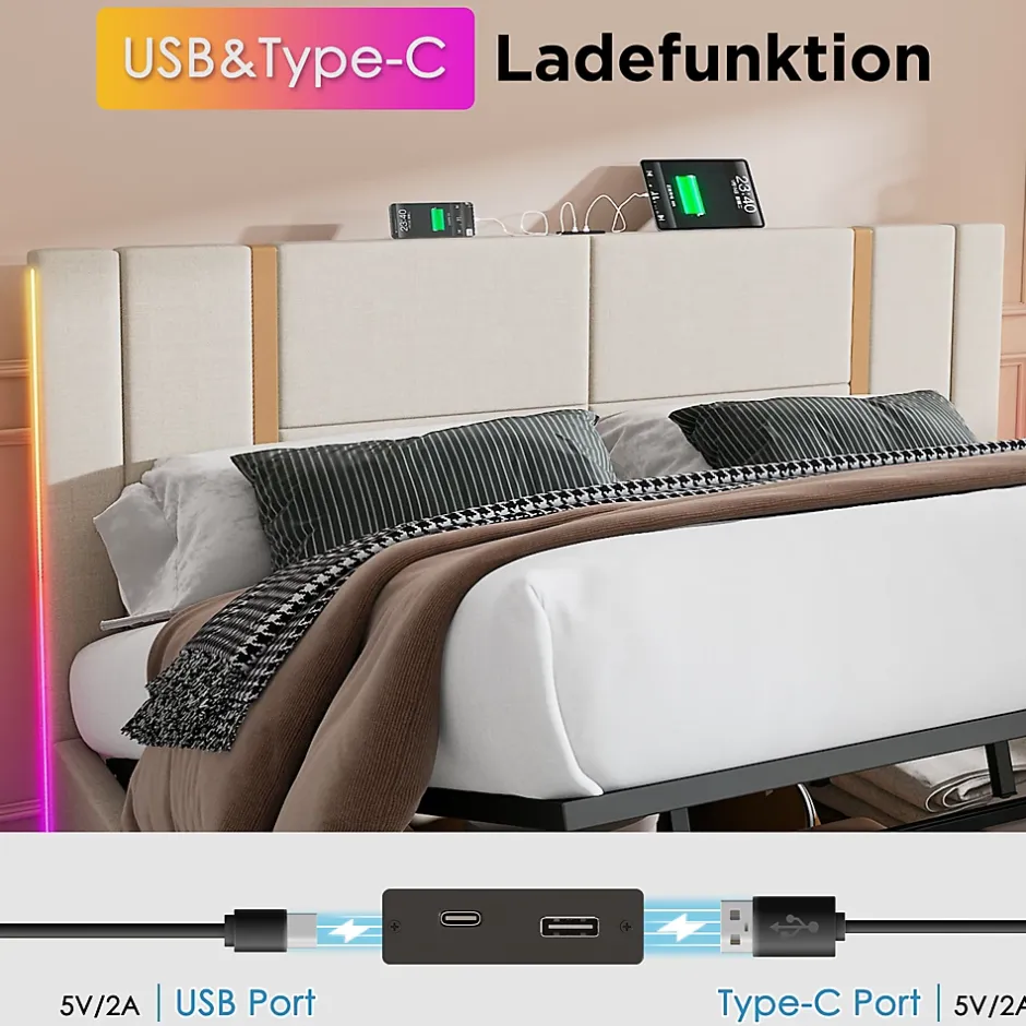 Okwish Lit coffre 140x200 cm - Lit double capitonné avec LED et chargement USB Type C - Textile en lin - Matelas Inclus - Beige Online