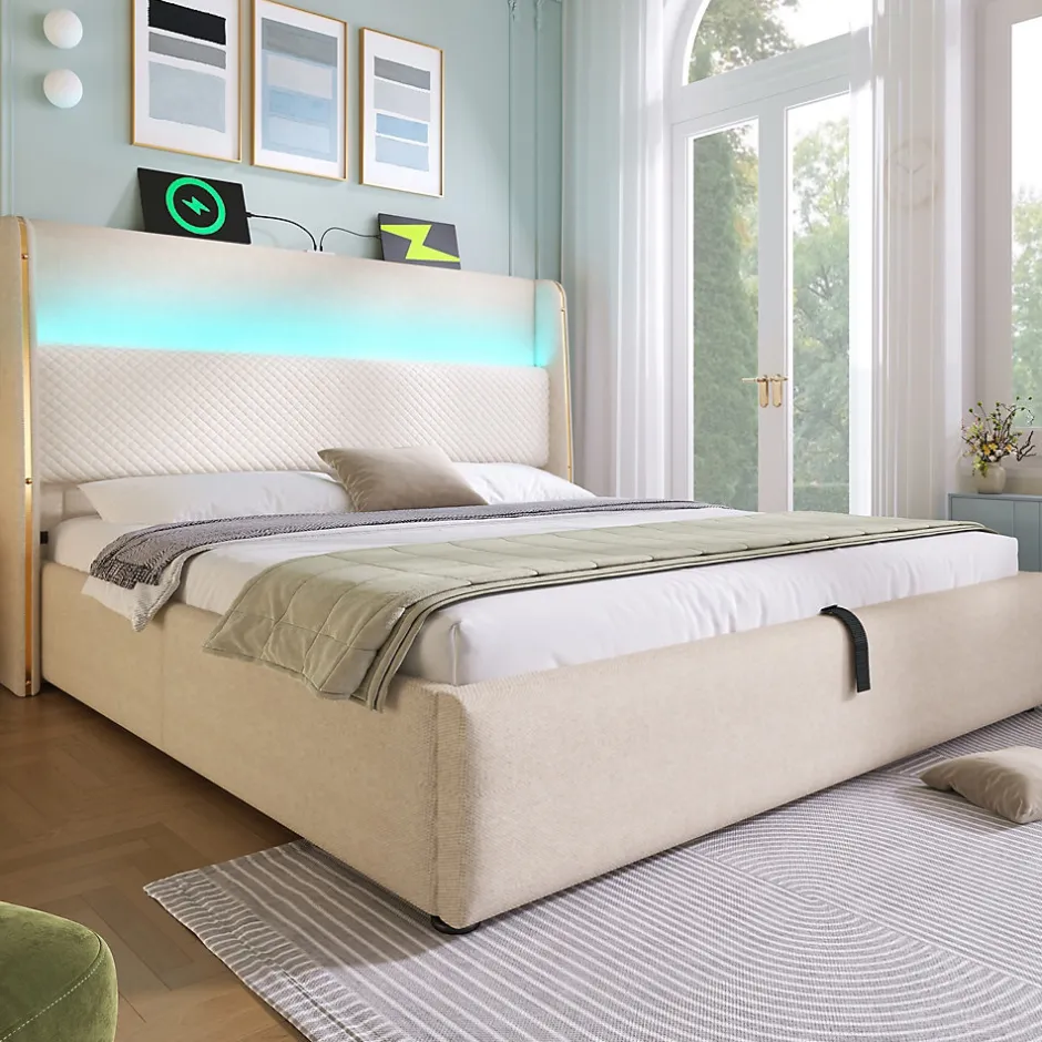 Okwish Lit Coffre 180x200 cm - Lit Double avec Sommier Relevable et Rangement - Ports USB Type-C - Tissu Lin Beige - Sans Matelas